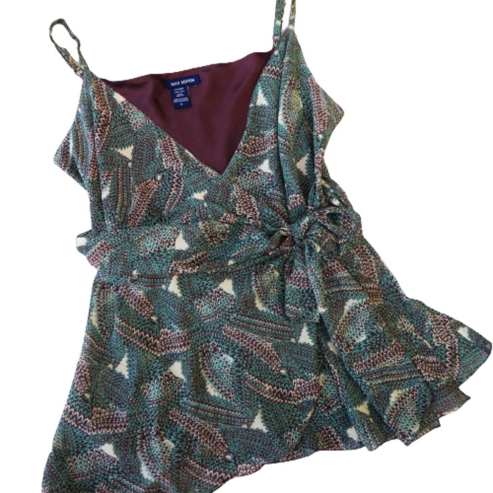 SiLK Vintage Y2K Babydoll Wrap Top Flowy Geometric Side Tie Adj Spaghetti Straps